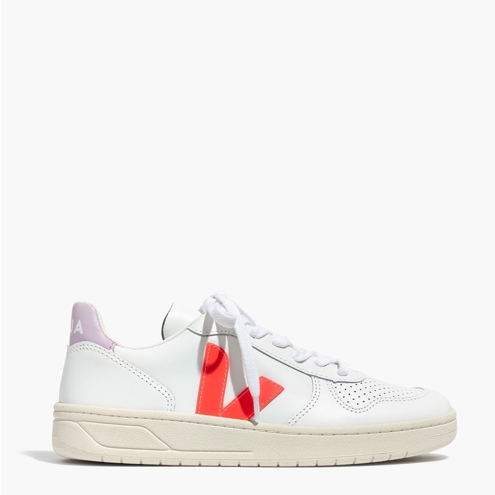 MADEWELL X VEJA V-10 LEATHER SNEAKERS IN LILAC AND NEON ORANGE
